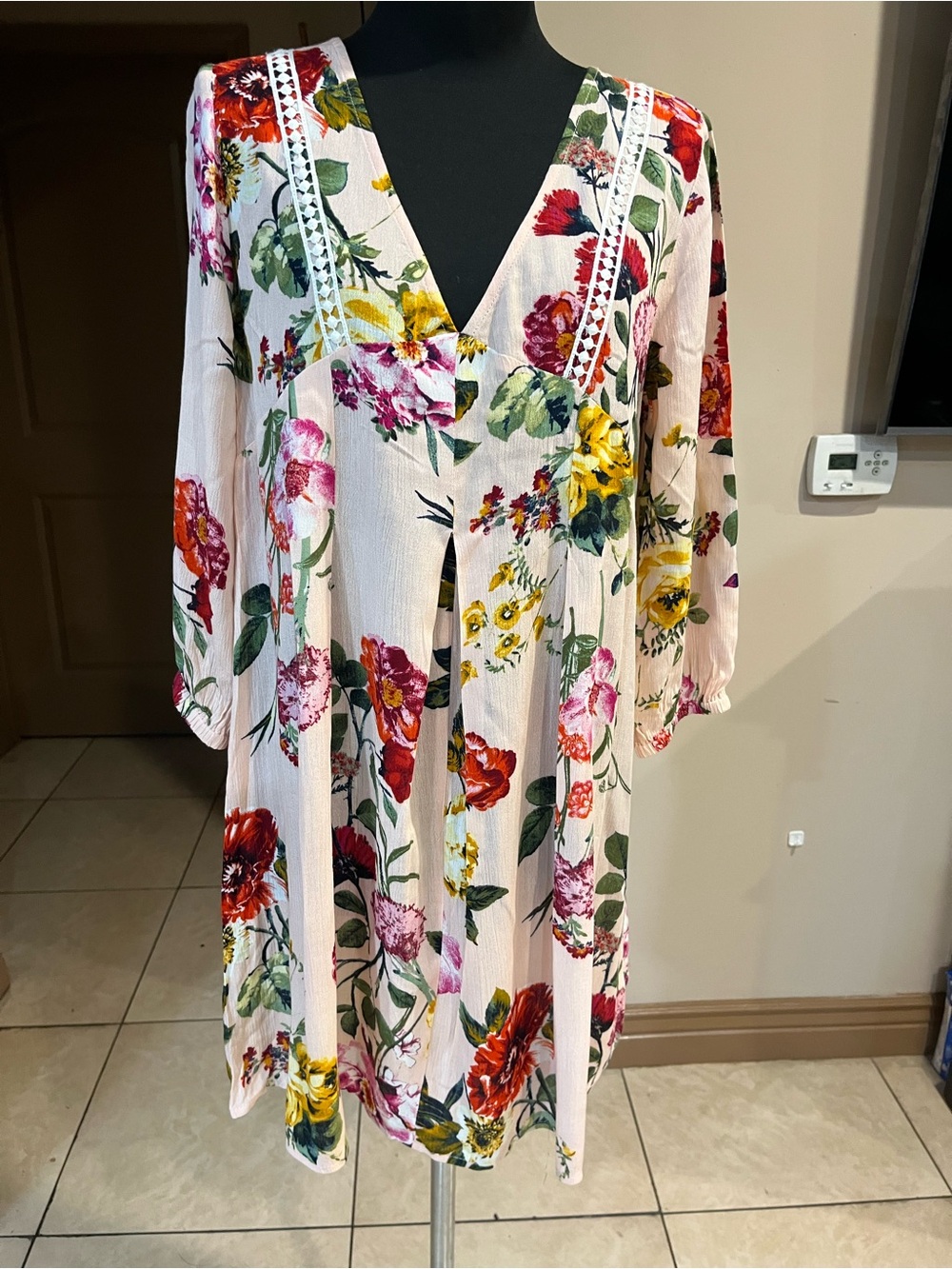 Blu Pepper Pink Floral V-Neck Tunic with Yellow Blooms